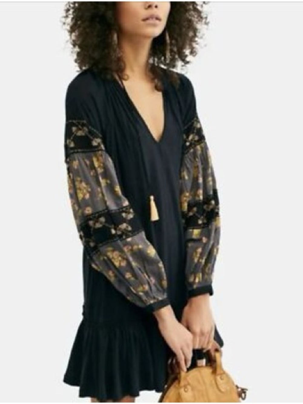 Free People Mix it Up Black Mini Tunic Dress with Floral Balloon Sleeves - Picture 4 of 14